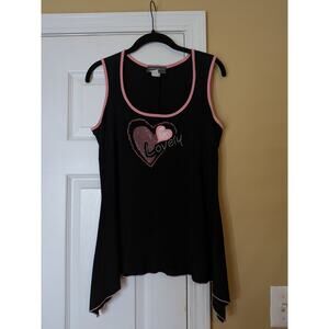 Y2K Jamie Nicole Black Pink Rhinestone Heart Asymmetrical Tank Top Size L grunge